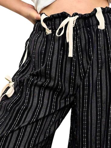Women Drawstring Striped Pants Loose Wide Leg Casual Lounge Pants with Pockets in Saudi Arabia