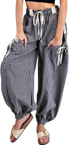 Women Drawstring Striped Pants Loose Wide Leg Casual Lounge Pants with Pockets in Saudi Arabia