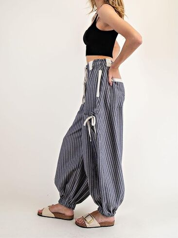 Women Drawstring Striped Pants Loose Wide Leg Casual Lounge Pants with Pockets in Saudi Arabia
