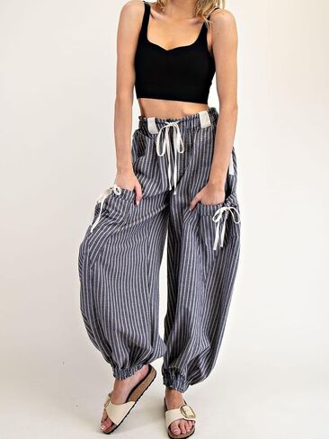 Women Drawstring Striped Pants Loose Wide Leg Casual Lounge Pants with Pockets in Saudi Arabia