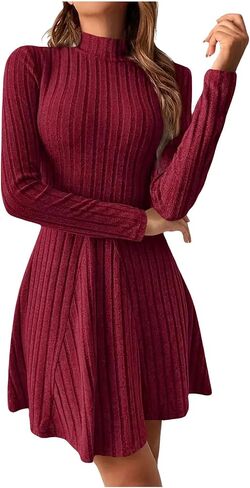 Mock Neck Sweater Dresses Women Long Sleeve Ribbed Knit Bodycon A Line Mini Dress Pullover Fall Lightweight Outfits in Saudi Arabia