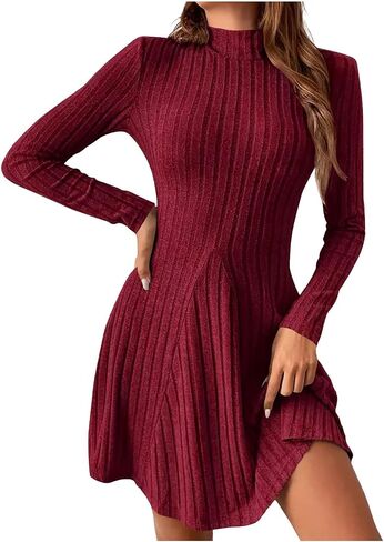 Mock Neck Sweater Dresses Women Long Sleeve Ribbed Knit Bodycon A Line Mini Dress Pullover Fall Lightweight Outfits in Saudi Arabia