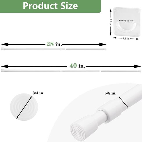 KXLife 1 Pack Spring Tension Curtain Rod 28-40 inch, 5/8" Diameter, Adjustable Small Curtain Rod No Drilling, Expandable Spring Loaded Tension Rod for Doors and Windows, White in Kuwait