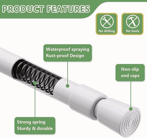 KXLife 1 Pack Spring Tension Curtain Rod 28-40 inch, 5/8" Diameter, Adjustable Small Curtain Rod No Drilling, Expandable Spring Loaded Tension Rod for Doors and Windows, White in Kuwait