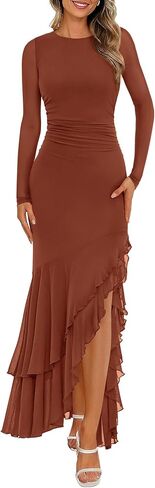 BTFBM Women's Maxi Dresses Fall 2025 Long Sleeve Ruched Bodycon Solid Ruffle Mermaid Cocktail Wedding Guest Dress in Saudi Arabia