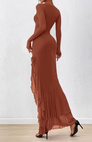 BTFBM Women's Maxi Dresses Fall 2025 Long Sleeve Ruched Bodycon Solid Ruffle Mermaid Cocktail Wedding Guest Dress in Saudi Arabia