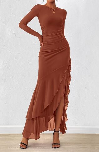 BTFBM Women's Maxi Dresses Fall 2025 Long Sleeve Ruched Bodycon Solid Ruffle Mermaid Cocktail Wedding Guest Dress in Saudi Arabia