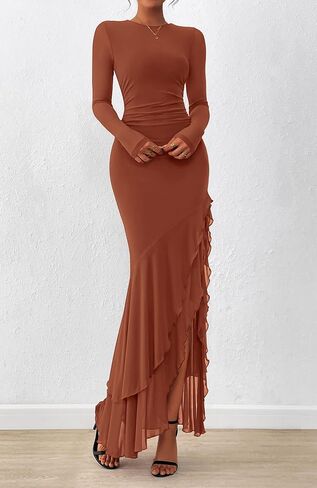 BTFBM Women's Maxi Dresses Fall 2025 Long Sleeve Ruched Bodycon Solid Ruffle Mermaid Cocktail Wedding Guest Dress in Saudi Arabia