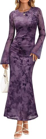 ZESICA Women's Long Sleeve Floral Bodycon Dress 2025 Fall Fashion Ruched Mesh Wedding Guest Cocktail Party Maxi Dresses in Saudi Arabia