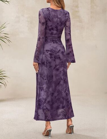 ZESICA Women's Long Sleeve Floral Bodycon Dress 2025 Fall Fashion Ruched Mesh Wedding Guest Cocktail Party Maxi Dresses in Saudi Arabia