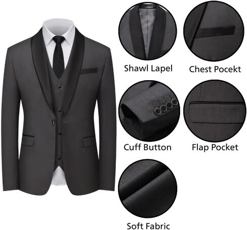 Men's 3 Piece Slim Fit Suit, Formal Business Tuxedo Set with Jacket, Vest, Pants, 4 Button Design for Wedding in Saudi Arabia
