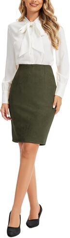 Women's Vintage Faux Suede High Waist Knee Length Pencil Skirt with Back Slit Zip Up Bodycon in Kuwait