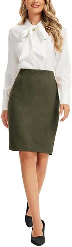 Women's Vintage Faux Suede High Waist Knee Length Pencil Skirt with Back Slit Zip Up Bodycon in Kuwait