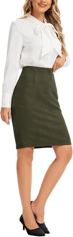 Women's Vintage Faux Suede High Waist Knee Length Pencil Skirt with Back Slit Zip Up Bodycon in Kuwait