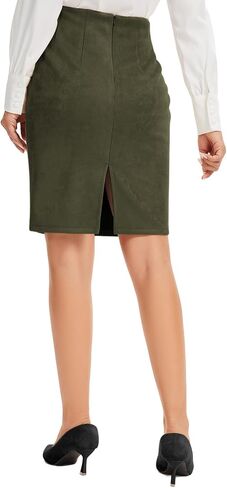Women's Vintage Faux Suede High Waist Knee Length Pencil Skirt with Back Slit Zip Up Bodycon in Kuwait