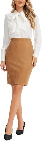 Women's Vintage Faux Suede High Waist Knee Length Pencil Skirt with Back Slit Zip Up Bodycon in Kuwait