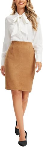 Women's Vintage Faux Suede High Waist Knee Length Pencil Skirt with Back Slit Zip Up Bodycon in Kuwait