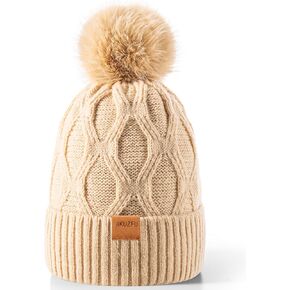 Womens Winter Beanie Hat with Pom Pom，Cute Warm Knit Hat Warm Fleece Lined Knitted Soft Ski Cuff Cap in Saudi Arabia