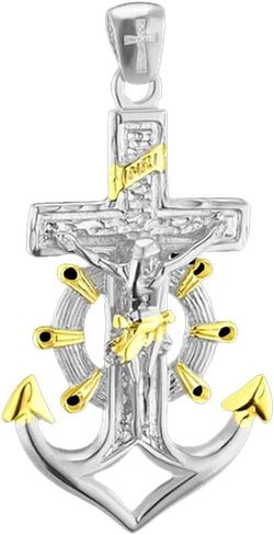 Genuine Mariner Anchor Crucifix Pendant in Sterling Silver 18K Silver Finish 55 x 29 mm With Diamond Cut Cable Chain Necklace in Sterling Silver (16" 18" 20" 24") in Saudi Arabia