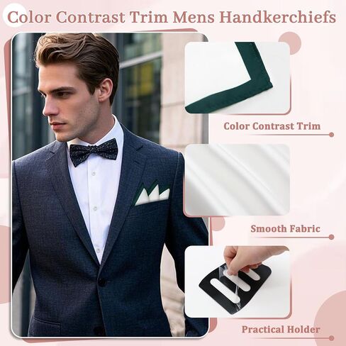 White Pocket Squares for Men, Color Contrast Trim Mens Handkerchiefs with Pocket Square Holder for Daily Wedding in Saudi Arabia