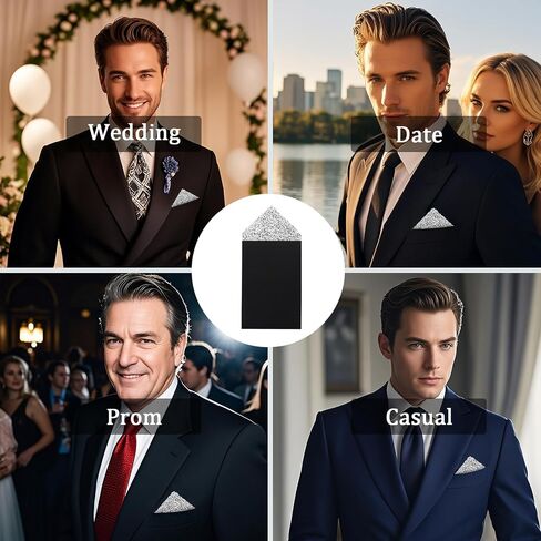 Rhinestone Pocket Squares for Men Prefolded, Crystal Sequin Pre Folded Handkerchiefs on Card Party Prom Wedding Daily in Kuwait