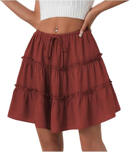 Ruffle High Waist Mini Skirt for Women Stretchy Lightweight Layered Solid Short Skirts Swing Casual Beach Shorts in Saudi Arabia