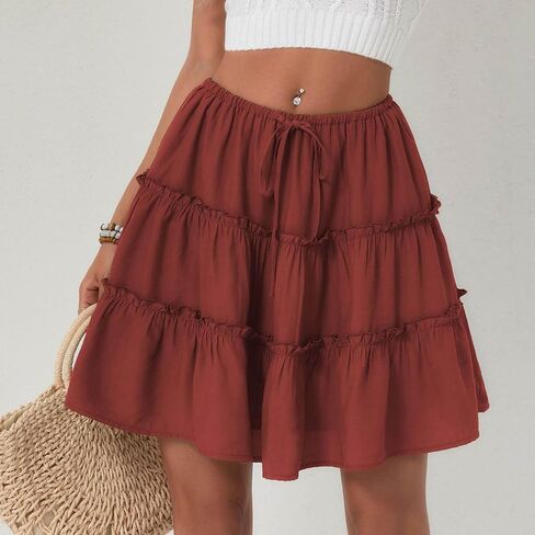 Ruffle High Waist Mini Skirt for Women Stretchy Lightweight Layered Solid Short Skirts Swing Casual Beach Shorts in Saudi Arabia