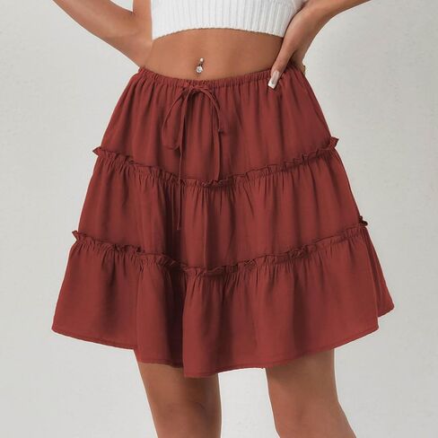 Ruffle High Waist Mini Skirt for Women Stretchy Lightweight Layered Solid Short Skirts Swing Casual Beach Shorts in Saudi Arabia