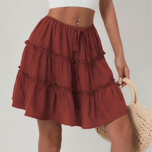Ruffle High Waist Mini Skirt for Women Stretchy Lightweight Layered Solid Short Skirts Swing Casual Beach Shorts in Saudi Arabia