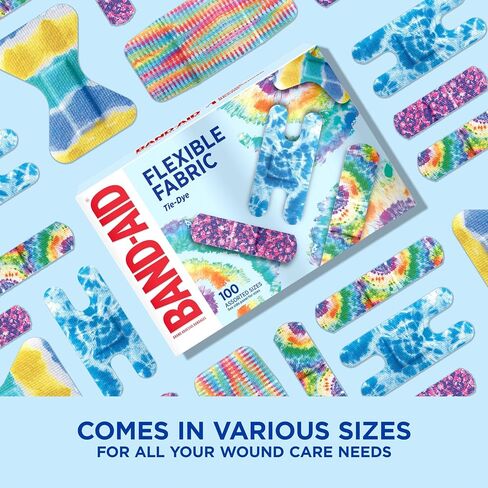 BAND-AID Brand Flexible Fabric Adhesive Tie-Dye Bandages, Fun Bandages Wound Care & Protection of Minor Cuts & Burns, Quilt-Aid Technology to Cushion Painful Wounds, Assorted Sizes, 100 ct in Saudi Arabia