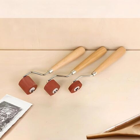 3 Pcs Brayers for Crafts, Rubber Rollers for Printmaking with Wooden Handle, Red Brayer Rollers for Crafting, Metal Connector Long-Lasting Set for Cricut Maker Projects in Saudi Arabia