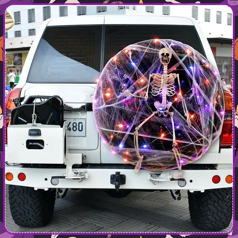 هالوين الهيكل العظمي الافراج عن الإطارات الإطارات الجذع أو علاج زينة السيارة الخارجي المتوافق مع مقطورة RV SUV ، 28 '' الهيكل العظمي الكامل web 33 قدم LED الأرجواني سلسلة الضوء in Kuwait