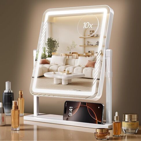 Vanity Mirror with Lights, Height-Adjustable & 360° Rotation, 1/10X Magnification, Three Color Lighting Modes, Makeup Mirror Smart Touch Control, Large Vanity Desk Mirror (17.5in,White) in Saudi Arabia