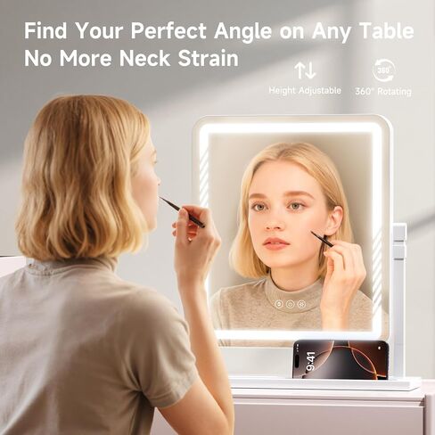 Vanity Mirror with Lights, Height-Adjustable & 360° Rotation, 1/10X Magnification, Three Color Lighting Modes, Makeup Mirror Smart Touch Control, Large Vanity Desk Mirror (17.5in,White) in Saudi Arabia