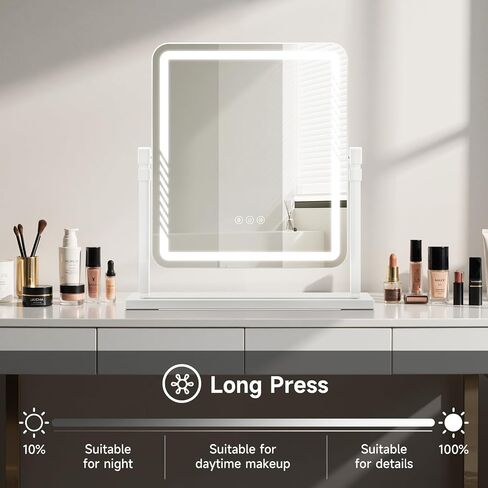 Vanity Mirror with Lights, Height-Adjustable & 360° Rotation, 1/10X Magnification, Three Color Lighting Modes, Makeup Mirror Smart Touch Control, Large Vanity Desk Mirror (17.5in,White) in Saudi Arabia