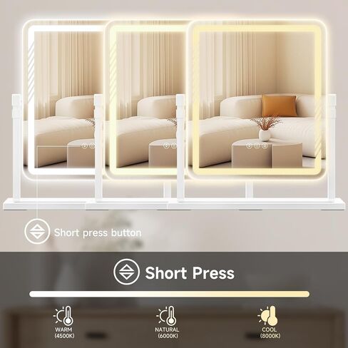 Vanity Mirror with Lights, Height-Adjustable & 360° Rotation, 1/10X Magnification, Three Color Lighting Modes, Makeup Mirror Smart Touch Control, Large Vanity Desk Mirror (17.5in,White) in Saudi Arabia