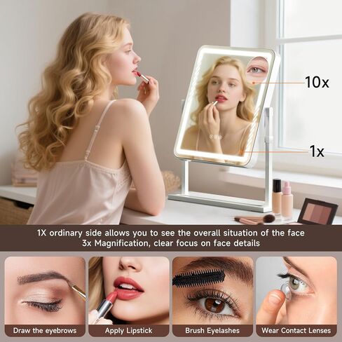 Vanity Mirror with Lights, Height-Adjustable & 360° Rotation, 1/10X Magnification, Three Color Lighting Modes, Makeup Mirror Smart Touch Control, Large Vanity Desk Mirror (17.5in,White) in Saudi Arabia