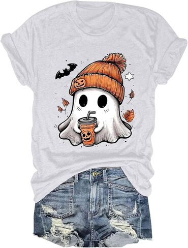 قمصان الهالوين للنساء 2025 قميص شبح لطيف Tshirt Tshirt Fall Tees Tees Short Sleeve Tops in Saudi Arabia