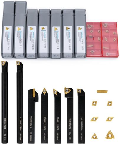 Indexable Lathe Turning Tool 21Pcs Kit,7 Pcs Metal Lathe Tool Holder Set and 14 Pcs Turning Inserts,3/8'' 10mm Shank with Carbide Inserts for Turning Grooving Threading Boring in Kuwait