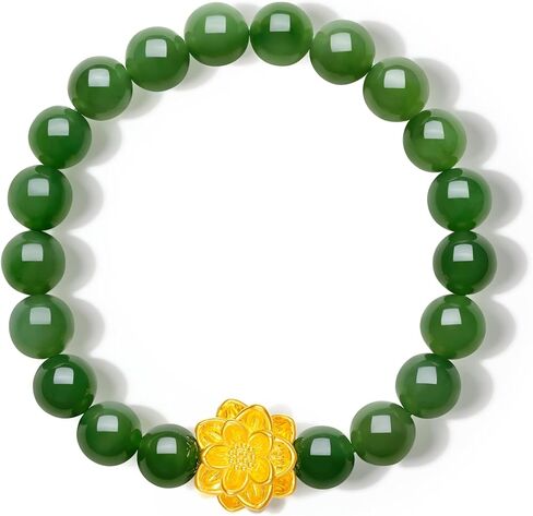 24K Gold Charm Bracelets Jade Beaded Bracelet Lotus Flower Charms Vintage Healing Jade Elegant Gemstone Gold Jewelry for Women Mom Anniversary Birthday Gifts 6.7"/17cm Y1913361 in Saudi Arabia