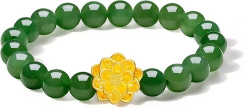24K Gold Charm Bracelets Jade Beaded Bracelet Lotus Flower Charms Vintage Healing Jade Elegant Gemstone Gold Jewelry for Women Mom Anniversary Birthday Gifts 6.7"/17cm Y1913361 in Saudi Arabia