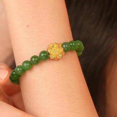 24K Gold Charm Bracelets Jade Beaded Bracelet Lotus Flower Charms Vintage Healing Jade Elegant Gemstone Gold Jewelry for Women Mom Anniversary Birthday Gifts 6.7"/17cm Y1913361 in Saudi Arabia