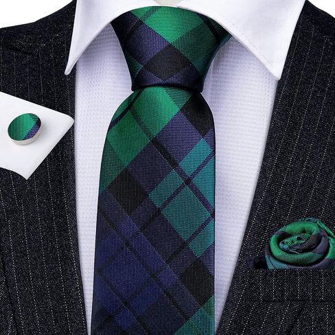 Barry.Wang Father and Son Tie Blue Green Plaid Pocket Square Cufflink Check Party in Saudi Arabia