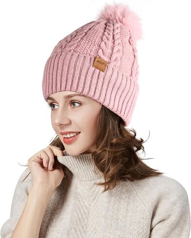 Women's Winter Fleece Beanie Hat, Warm Soft Wool Lined Knit Cross Cap with Pom Pom Snow in Saudi Arabia
