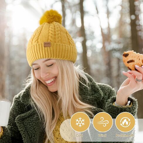 Women's Winter Fleece Beanie Hat, Warm Soft Wool Lined Knit Cross Cap with Pom Pom Snow in Saudi Arabia