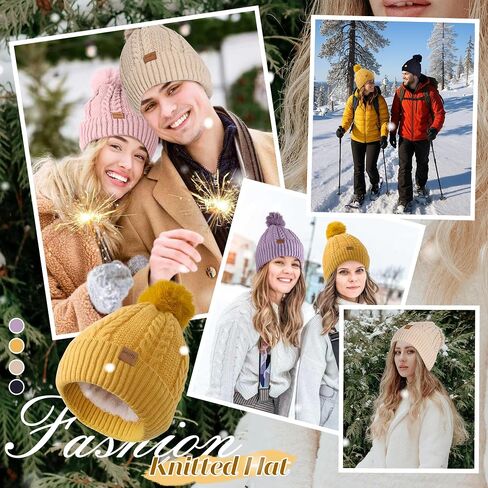 Women's Winter Fleece Beanie Hat, Warm Soft Wool Lined Knit Cross Cap with Pom Pom Snow in Saudi Arabia