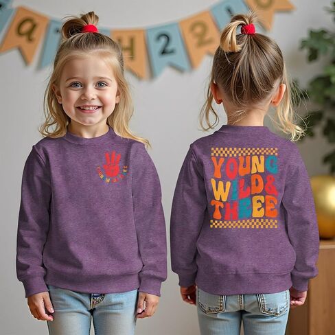 Modntoga Young Wild و Three Shirt Toddler Girl عيد ميلاد ثالث قميص ثالث عيد ميلاد Crewneck الزي 3T B-Day Party Tops in Kuwait