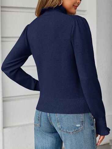 Saodimallsu Womens Ruffle Mock Neck Sweater Puff Long Sleeve Fall Soft Knit Casual Pullover Sweaters Top in Saudi Arabia
