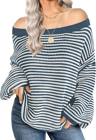 Soesdemo Womens Oversized Sweater Off The Shoulder Crewneck Striped Cute Long Sleeve Knitted Pullover Tunic Sweaters in Saudi Arabia