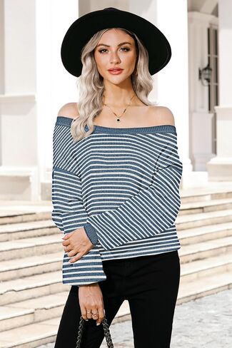 Soesdemo Womens Oversized Sweater Off The Shoulder Crewneck Striped Cute Long Sleeve Knitted Pullover Tunic Sweaters in Saudi Arabia